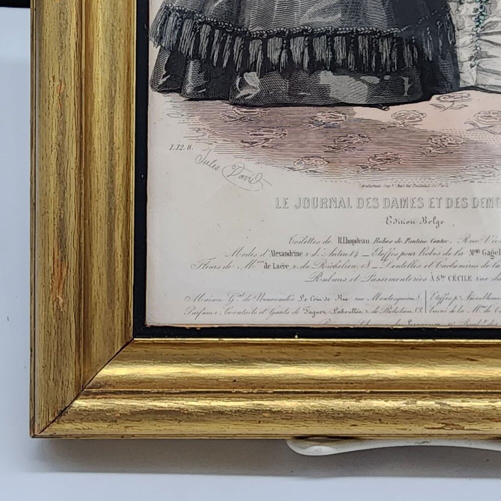 Antique Gilt Wood Picture Frame 1800's Paris Fashion Lithograph 8x10 Belge - Picture 7 of 12